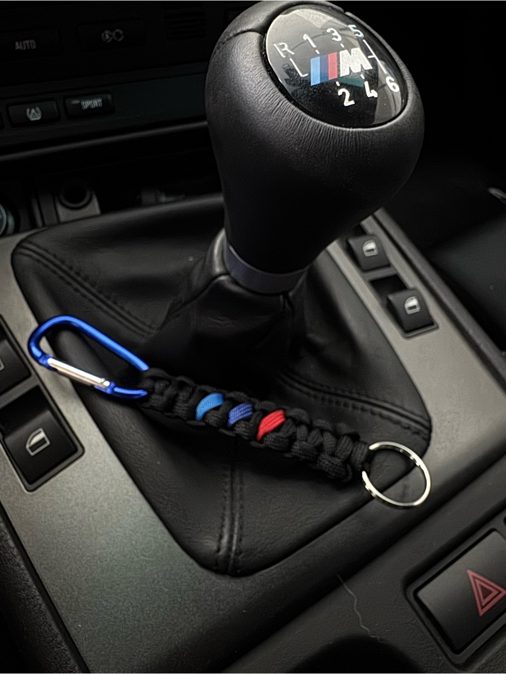 Black Paracord Keychain with Blue and Red Accents bmw automotive keychain
